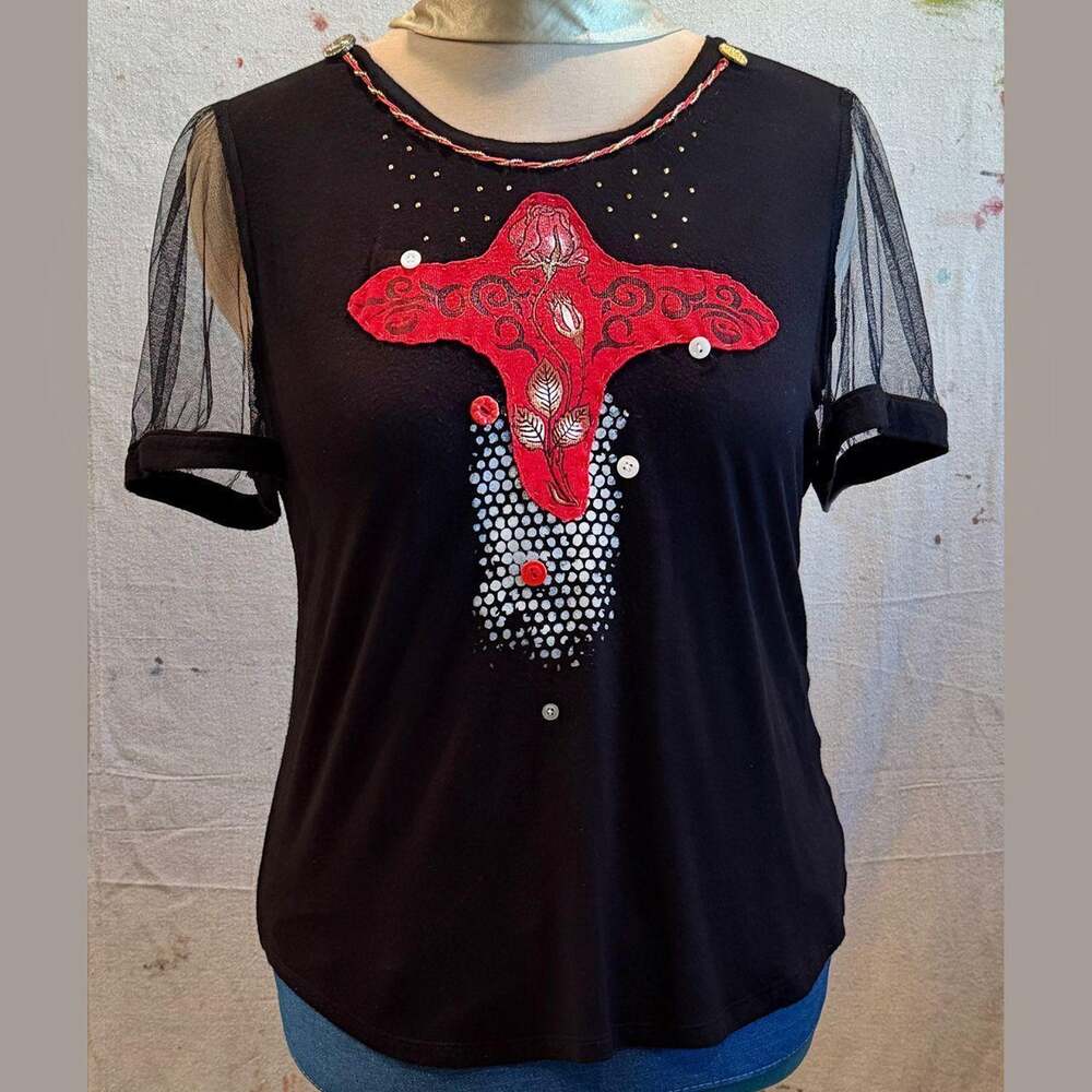 OOAK black mesh sleeve top w/ floral textile, stencil, buttons, and braid trim.